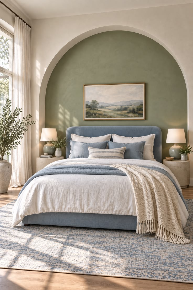 Sage green bedroom with organized styling and warm accent tones
