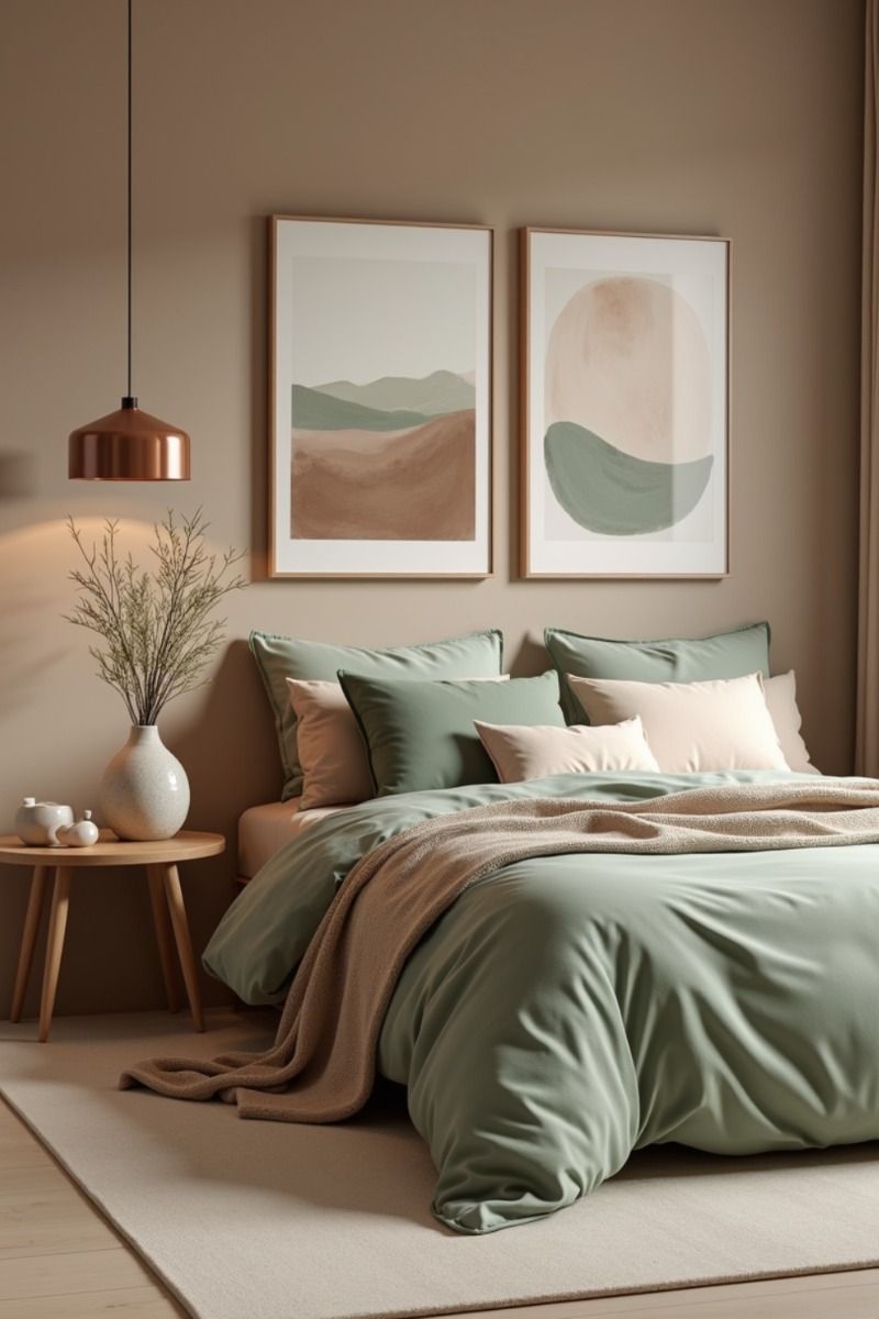 Modern earthy bedroom with sage green bedding, minimalist wall art and warm neutral textures