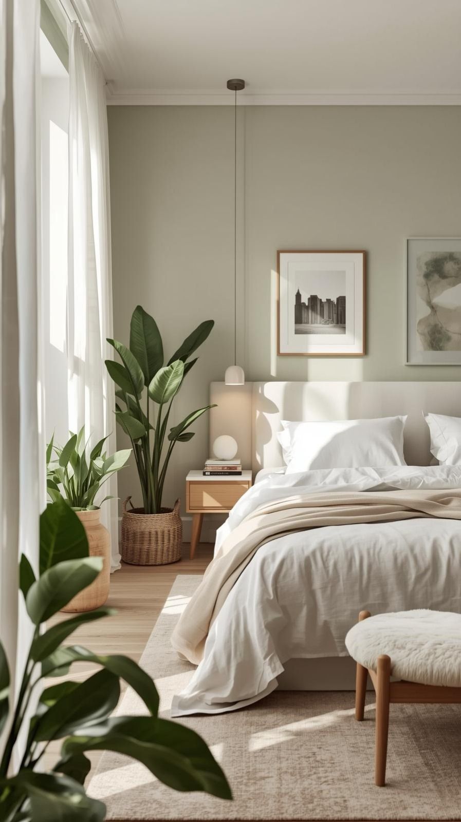 Light sage green bedroom walls creating a fresh, calming backdrop for the bed