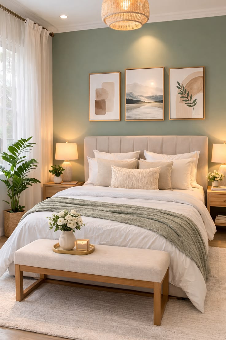 Bright, airy bedroom with soft sage green and neutral decor, a gallery of botanical photography and a fiddle leaf fig