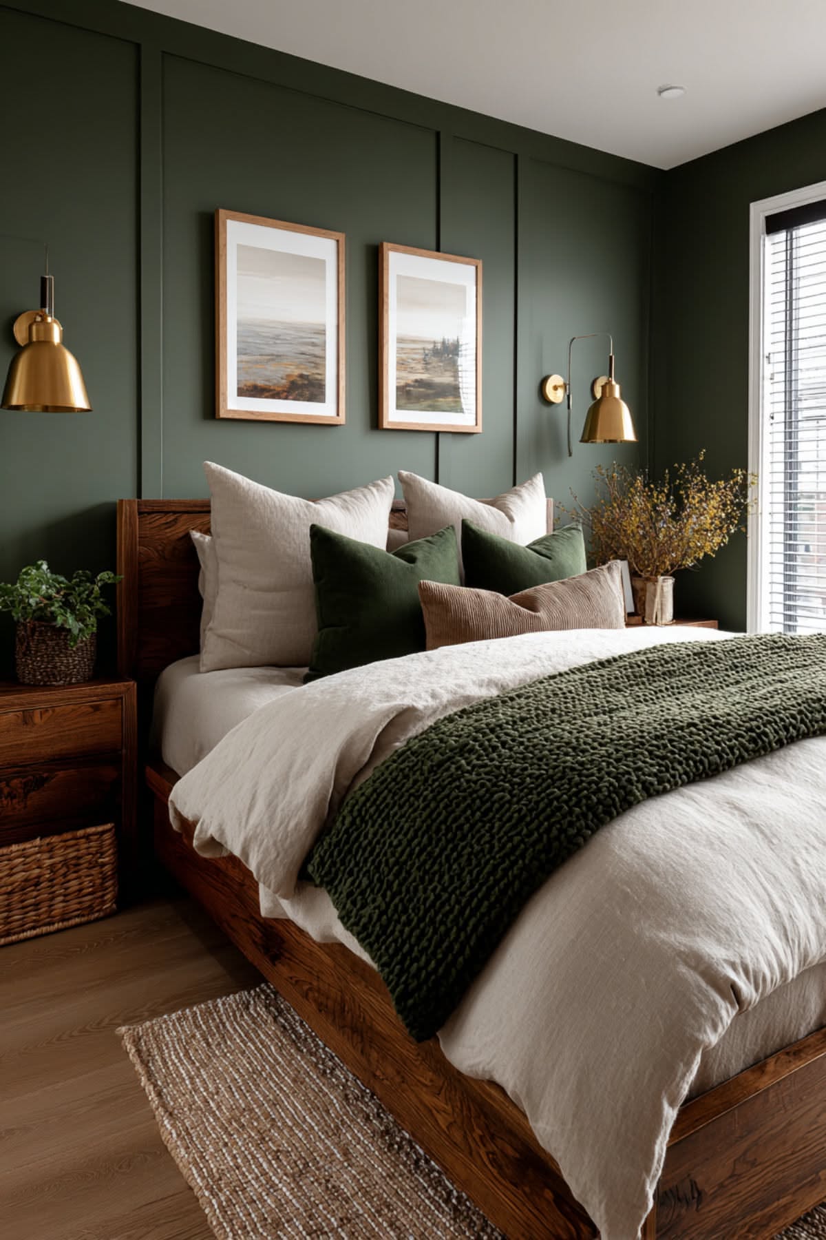Elegant bedroom layering several shades of green with crisp white bedding and framed art