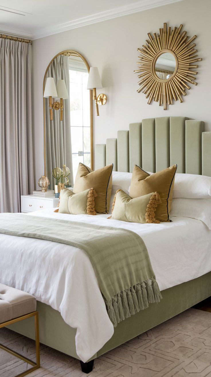 Sage green channel-tufted headboard with a brass sunburst mirror, arched floor mirror and gold velvet pillows