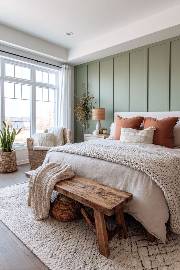 Sage green paneled bedroom wall with a rustic wood bench and terracotta accent pillows on the bed