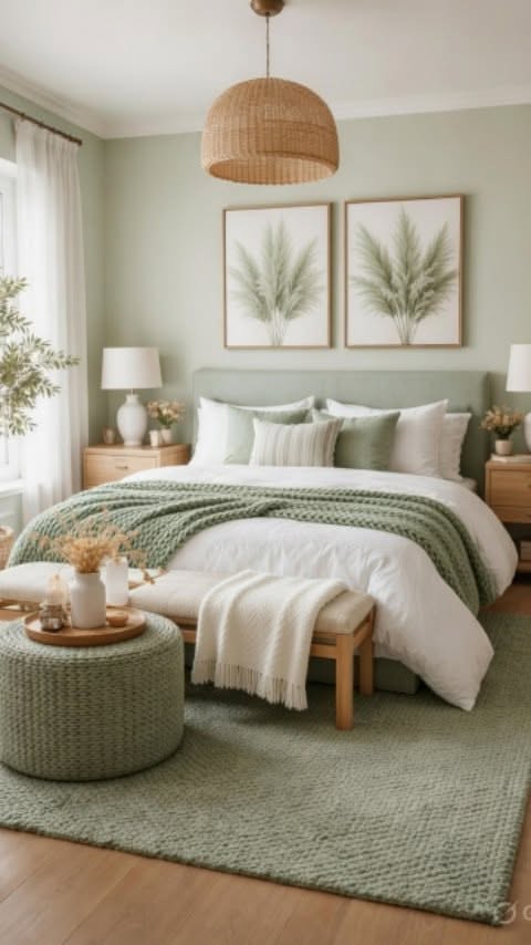 Small bedroom with sage green walls, a cane headboard and white bedding with sage green pillows