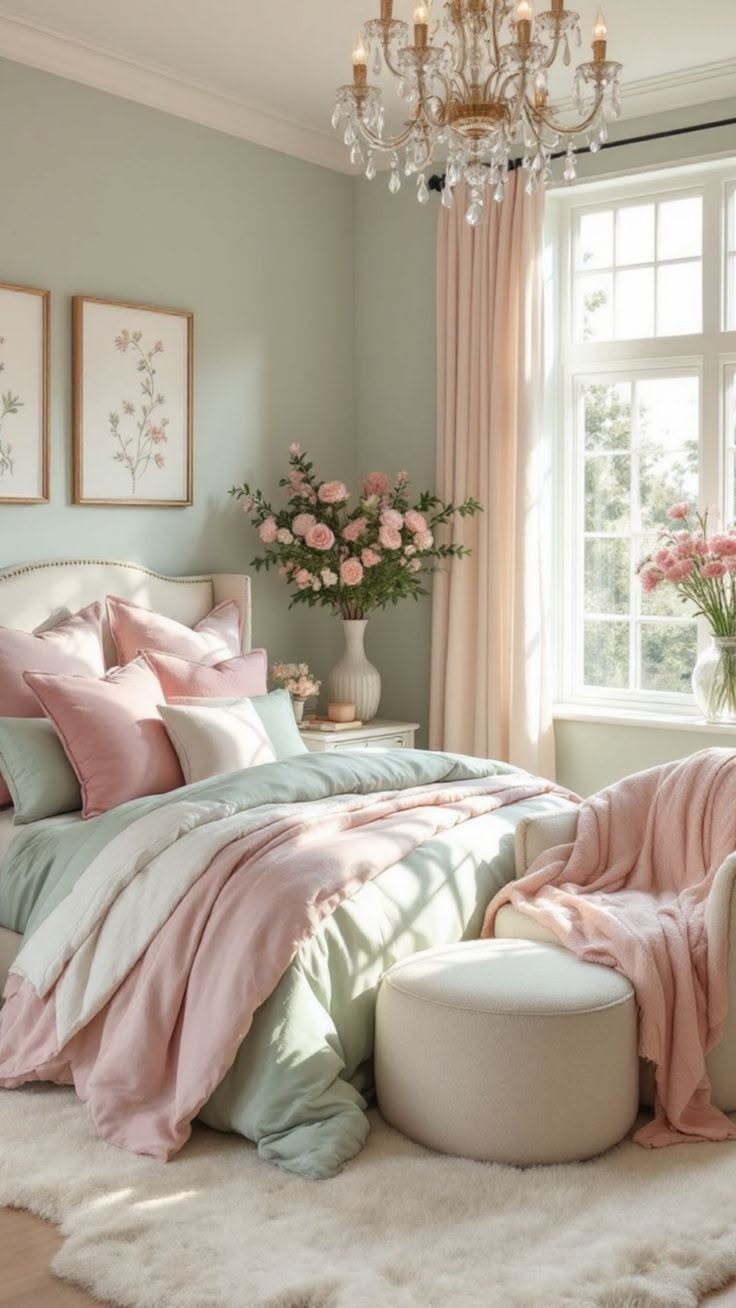 Bedroom with a crystal chandelier and sage green walls paired with soft pink and blush bedding