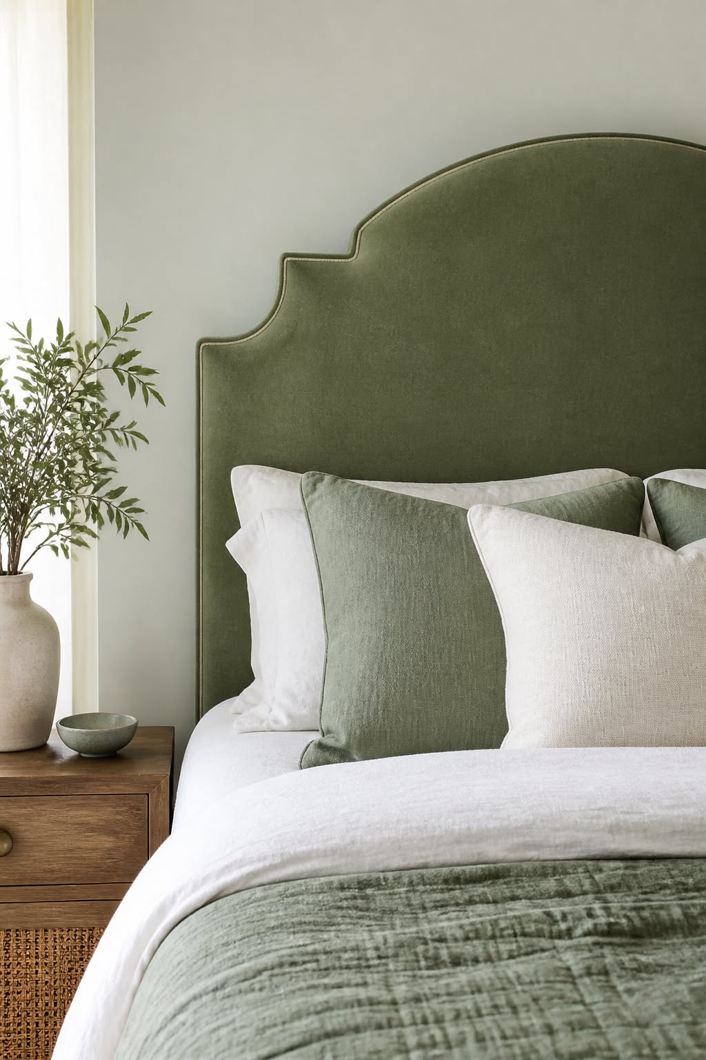 Close-up of a sage green channel-tufted upholstered headboard with white and cream pillows