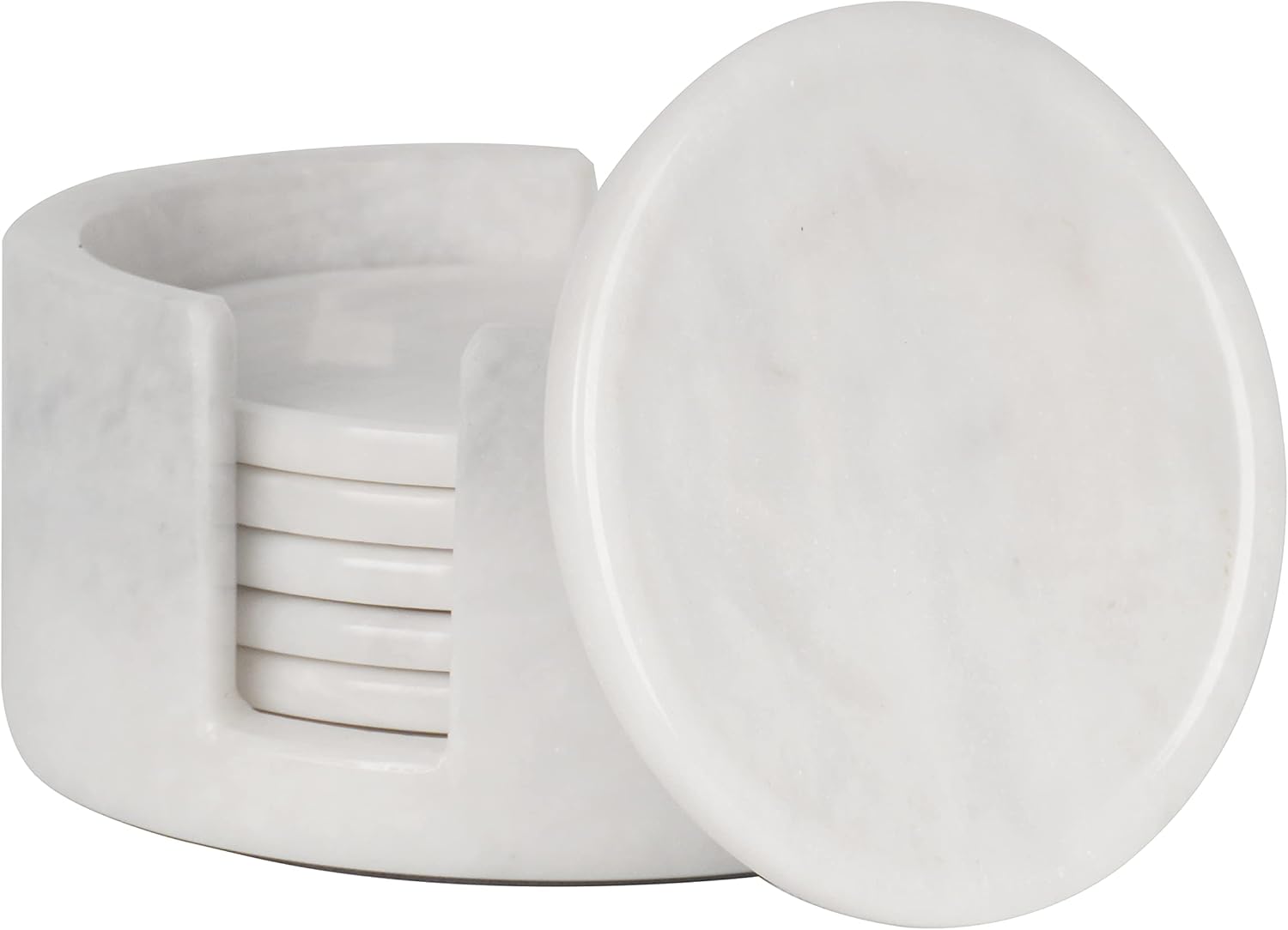 Radicaln Round White Marble Coasters, Set of 6 with Holder