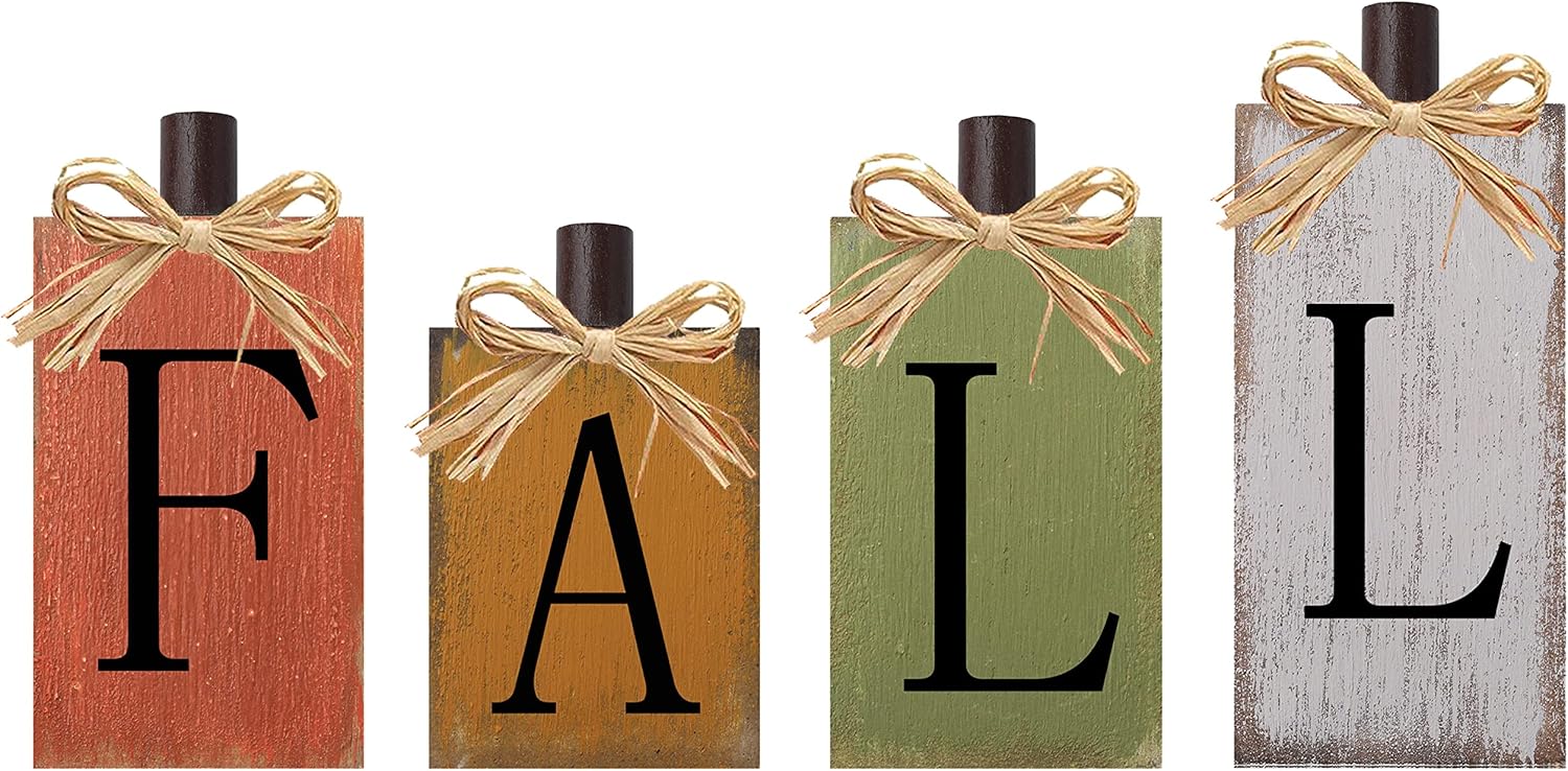Wooden Fall Block Sign Set, Vintage Farmhouse Harvest Table Decor