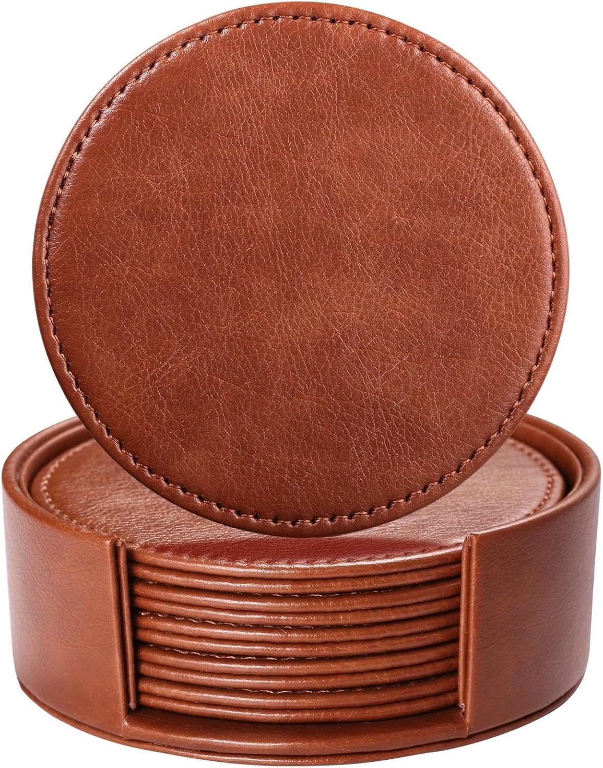 Leather Drink Coasters, Set of 6 with Holder