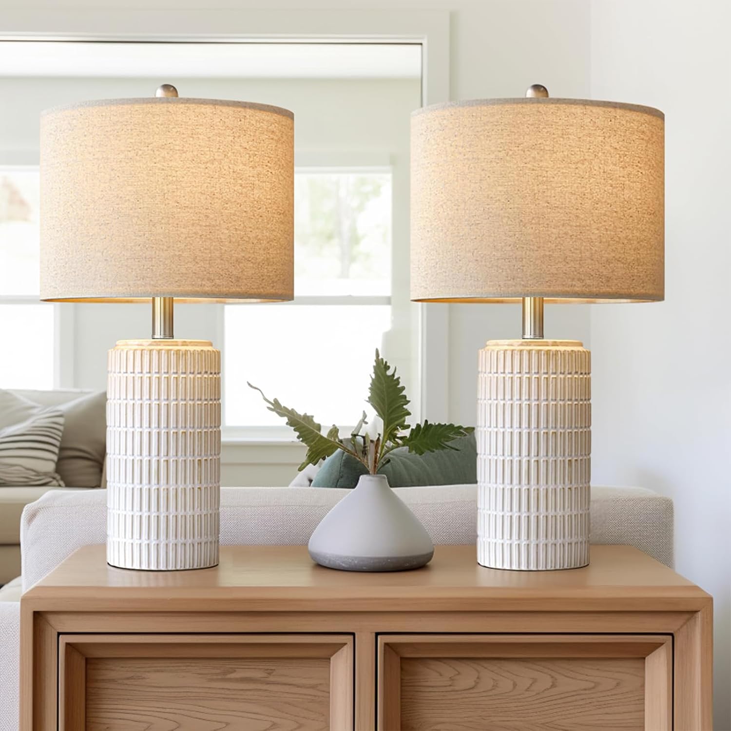 PoKat 23 Inch Modern Ceramic Table Lamps, Set of 2, White
