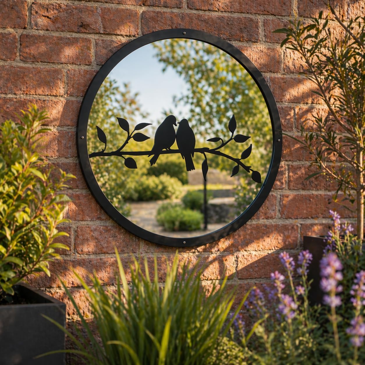 SunCatcher Two Little Birds Round Garden Mirror, Rust Resistant