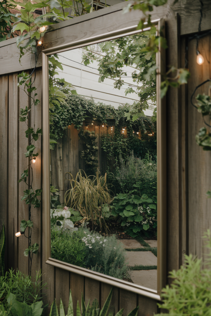 Outdoor mirror creating the illusion of expanded garden space
