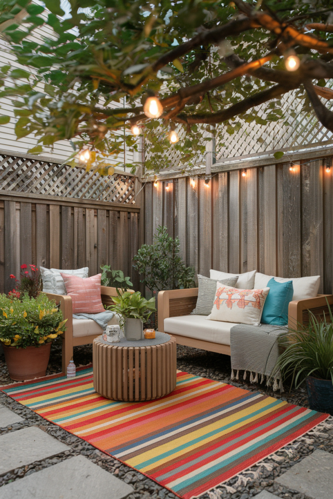 Outdoor rug defining a cozy seating area in a small backyard