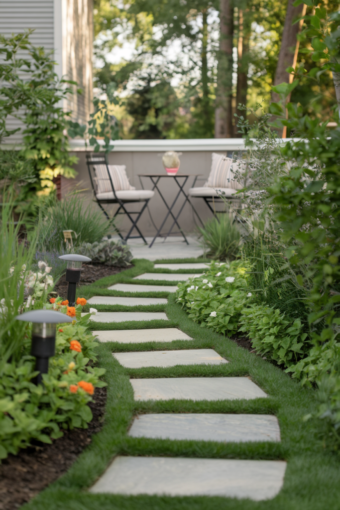 Garden pathway adding structure and visual interest to a small yard