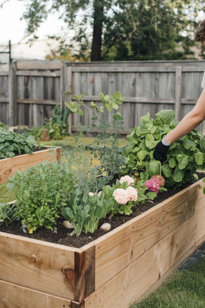Raised garden beds providing structured growing space