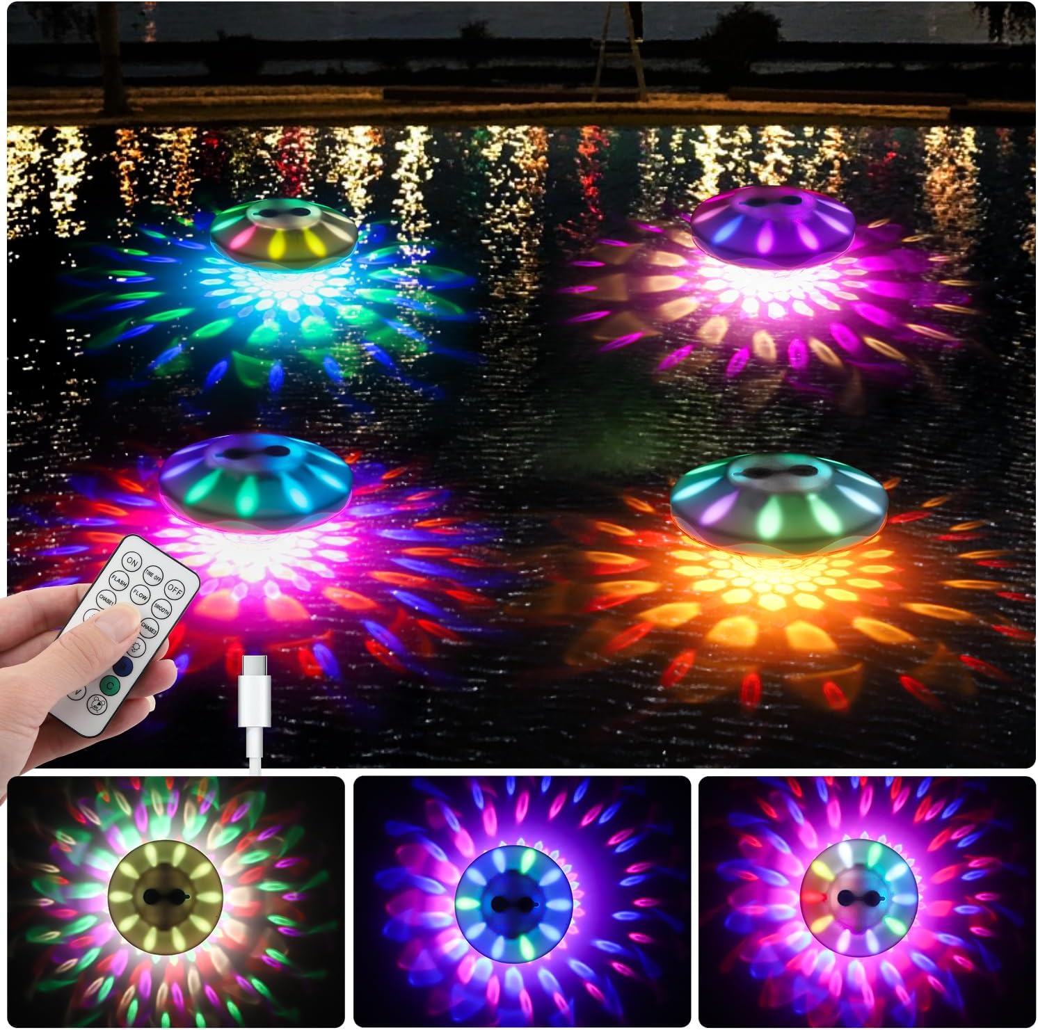 QOLNBY Floating Pool Lights, 4 Pack, 6 Dynamic Lighting Effects