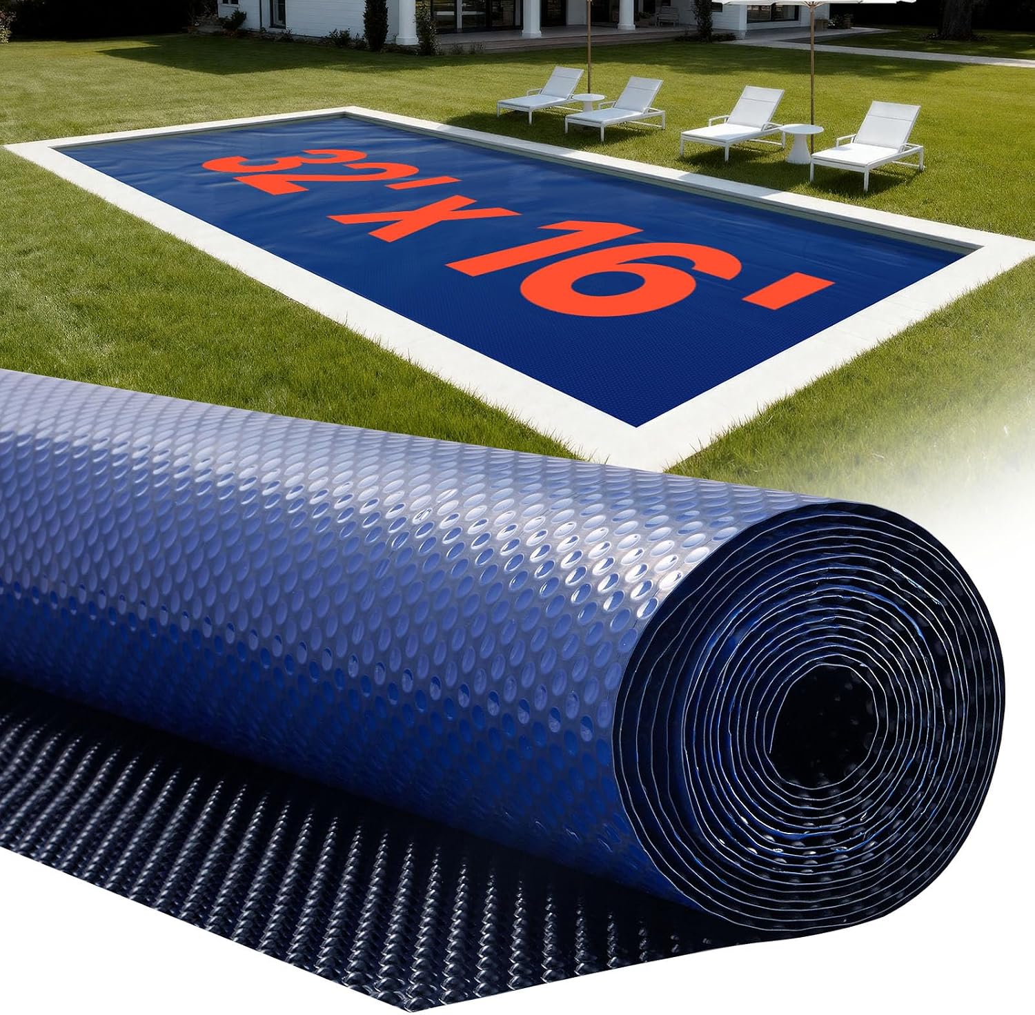 VEVOR Solar Pool Cover, 32 x 16 Ft, 16 Mil Bubble Cover, Blue and Black