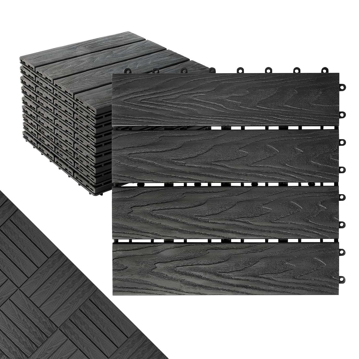Interlocking Polymer Composite Deck Tiles, 10 Pack, Black