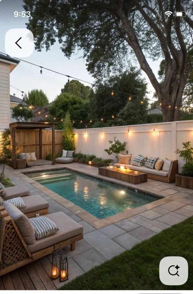 Small pool with built-in seating ledges for a social backyard