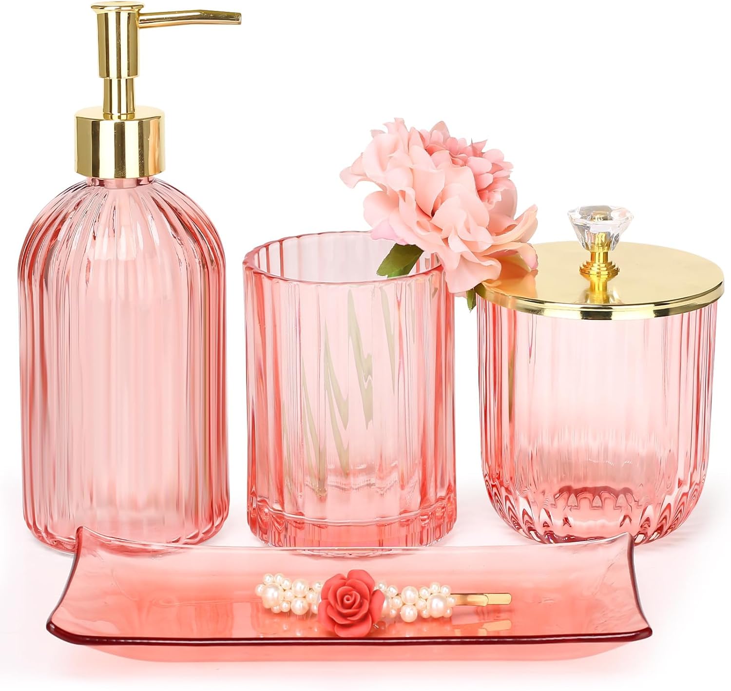 Haturi Bathroom Accessories Set, 4 Pcs Pink Glass Bathroom Accessories Sets Complete w/Lotion Soap Dispenser, Toothbrush Holder, Apothecary Jar, Vanity Tray, Bathroom Decor, Gift for Home Apartment