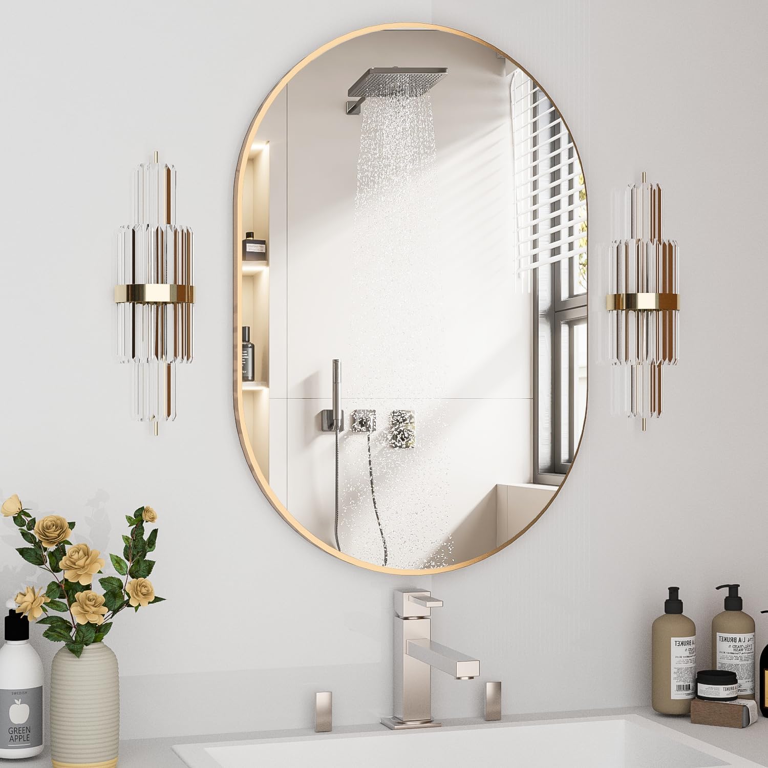 Oval Bathroom Mirror Capsule Wall Vanity Mirror, 20"x30" Pill Mirrors Wall Mounted Mirror, Large Modern Mirror with Gold Metal Frame, Decor for Entryway, Bedroom, Living Room