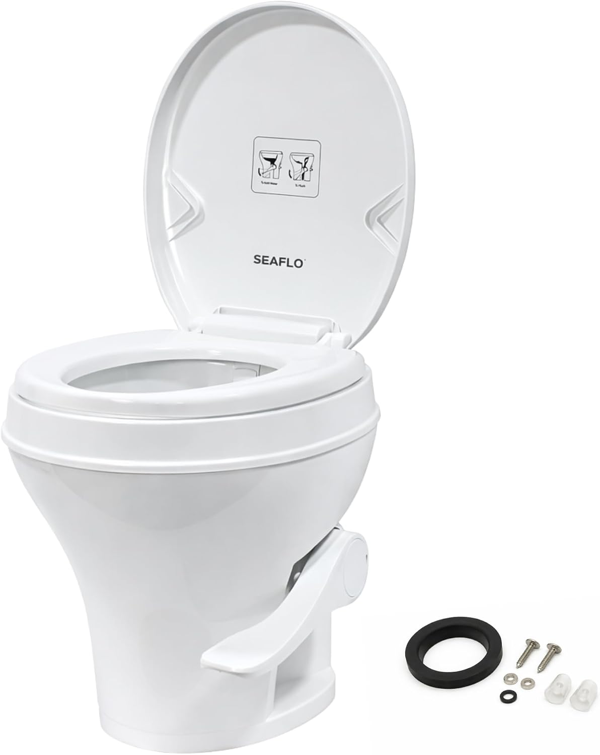 SEAFLO RV Toilet – 18.4" Residential Height, Gravity Flush Foot Pedal, 4-Year Warranty, Fits Most RVs (9.5" Rough-In), Soft Close Seat, 2-Bolt Mount, for Camper Travel Trailer Motorhome SFRTPH-01-01