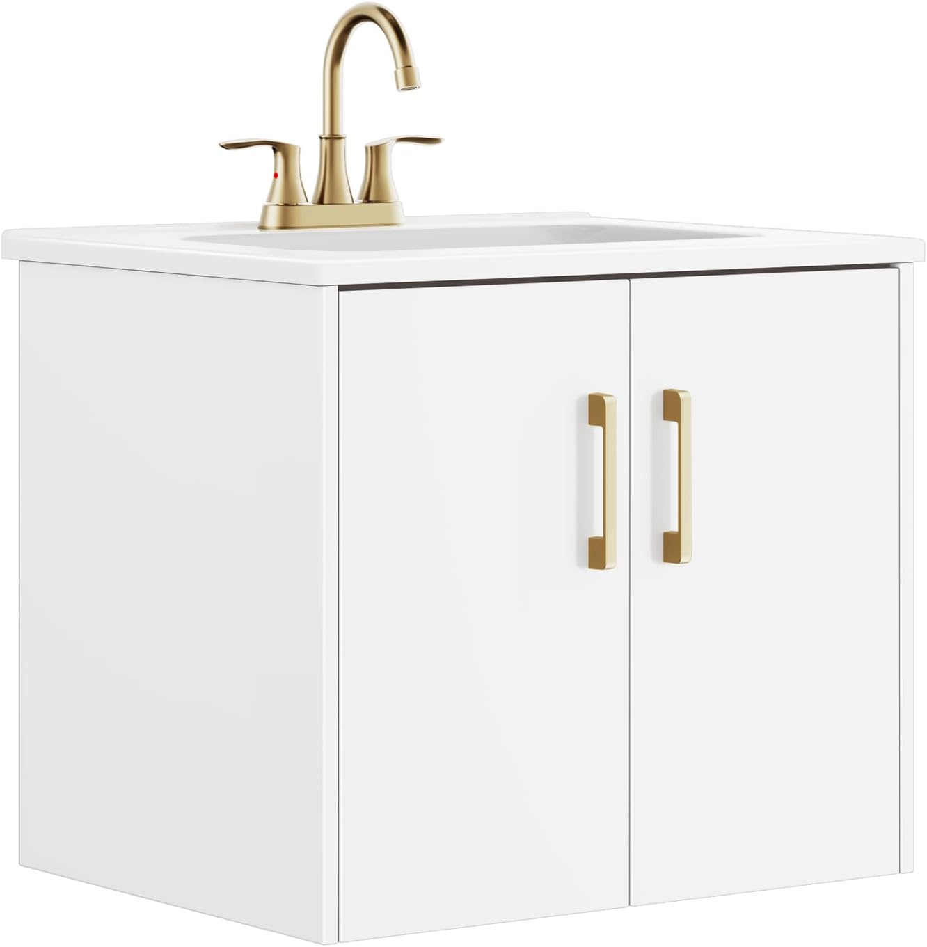 phiestina 24 Inch White Floating Bathroom Vanity, Pre-Assembled Wall-Mounted Cabinet with 2 Soft-Close Doors & 3 Hole Ceramic Sink, No Faucet,BV08-24-WHITE