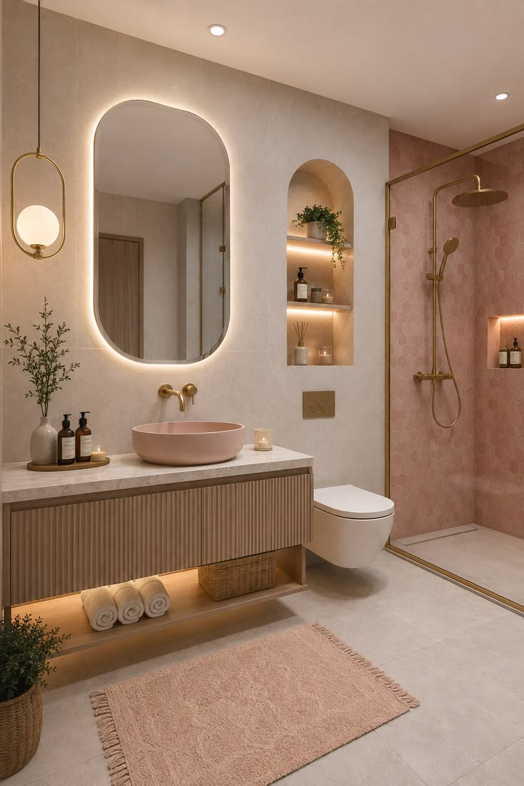 Luxury bathroom finished in gold and pink tones