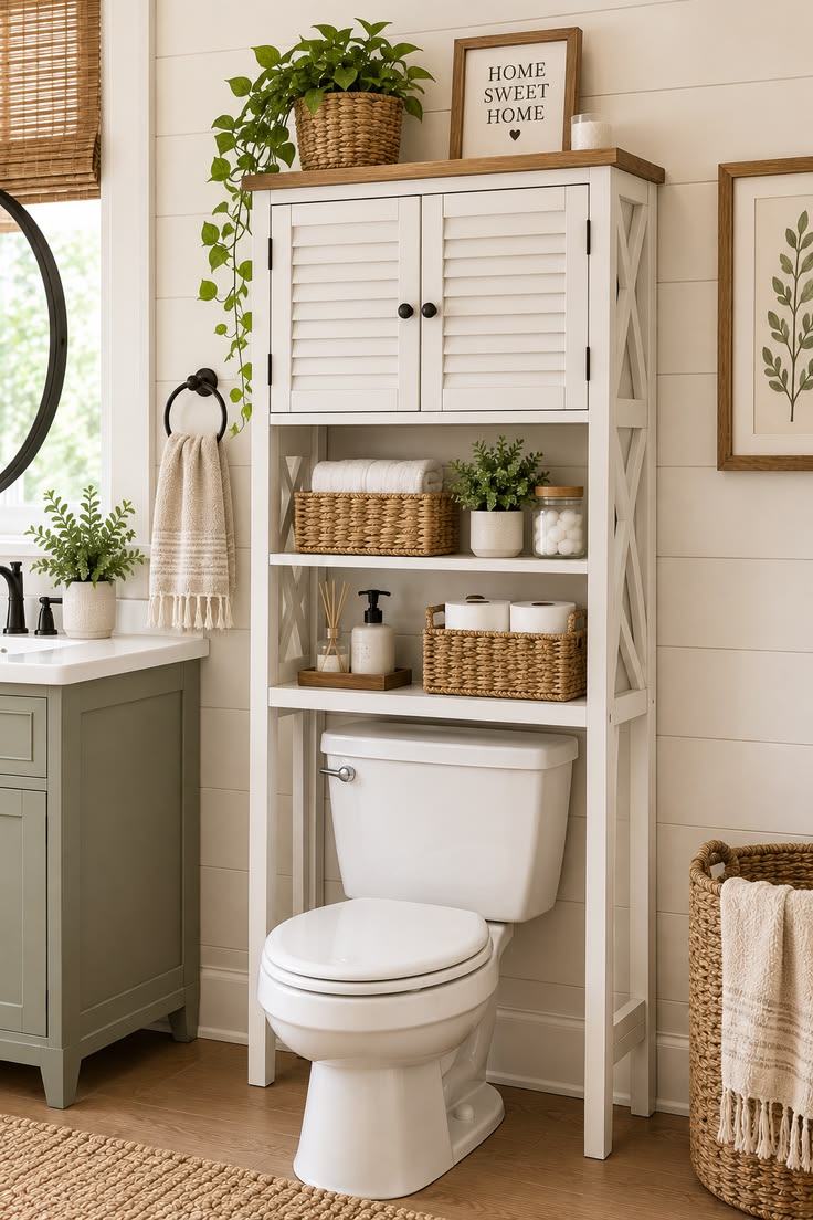 Farmhouse-style storage cabinet mounted above the toilet