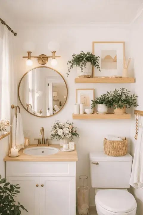 Small powder room with a white vanity and wood accents