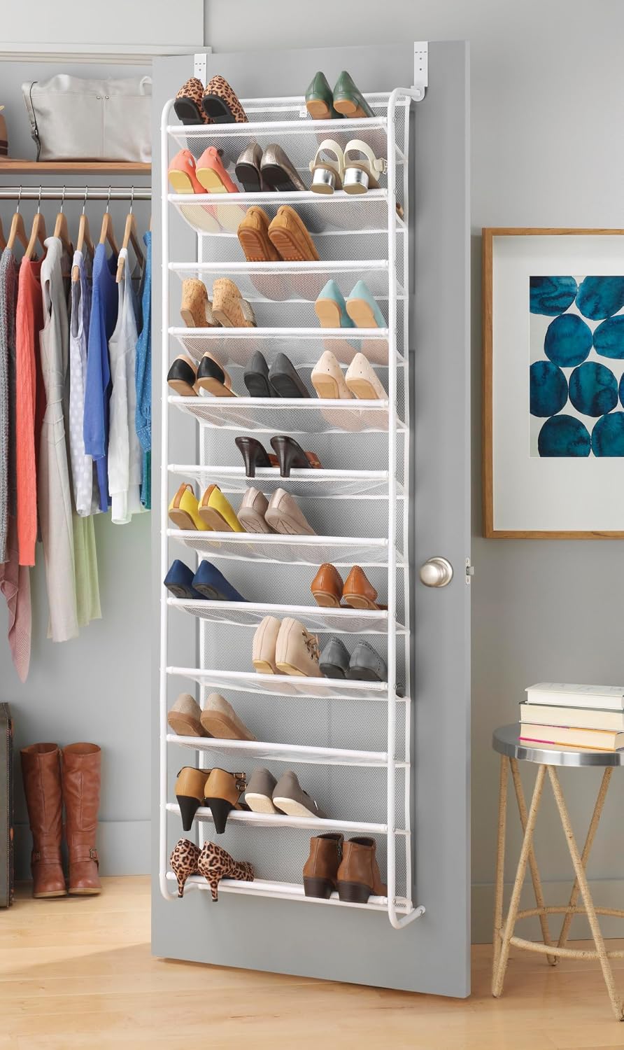 Whitmor 36 Pair Over the Door Shoe Organizer, 12 Tier Metal and Mesh