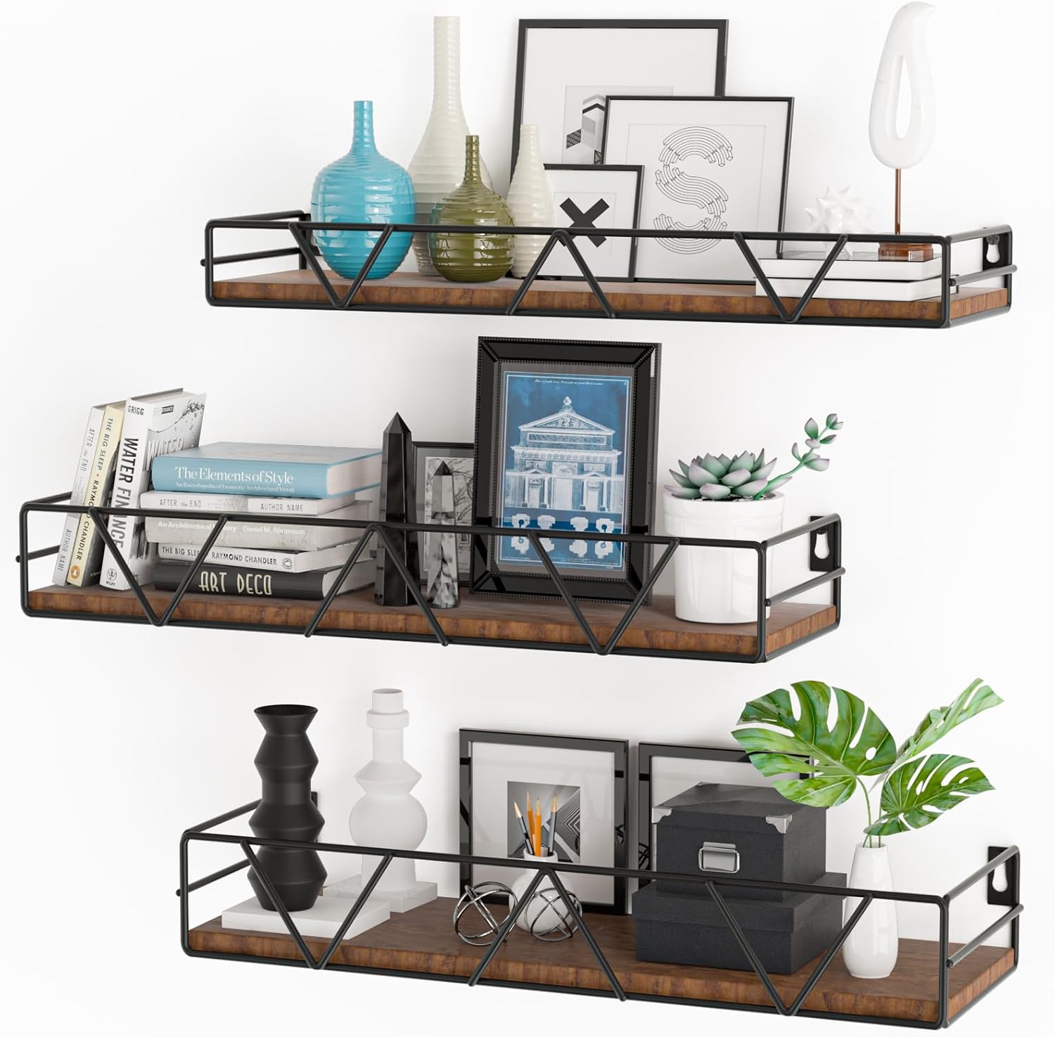 Floating Wall Shelves with Rails, Set of 3, Farmhouse Style for Bedroom
