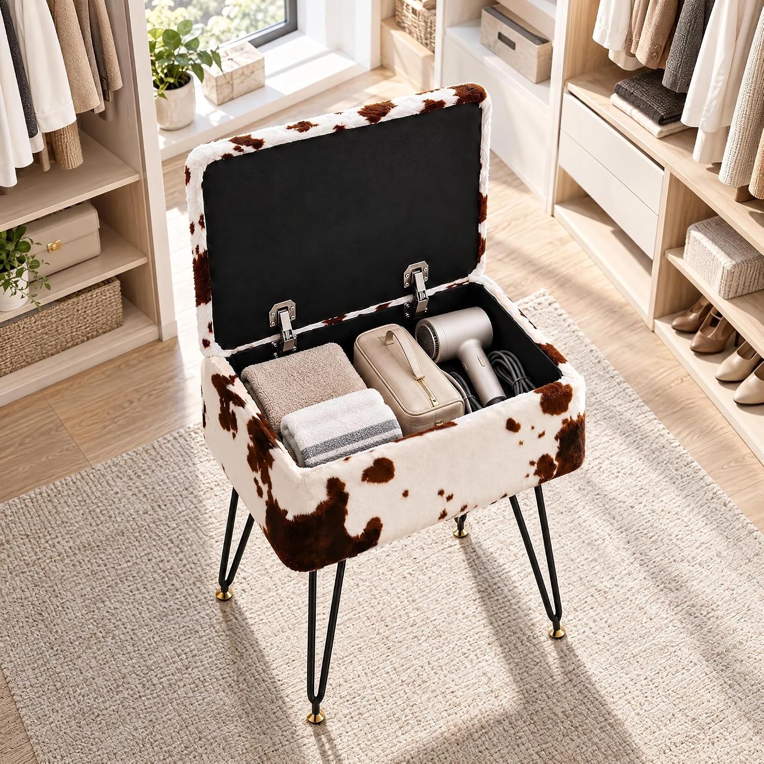 Faux Fur Storage Ottoman, Plush Vanity Stool with Storage