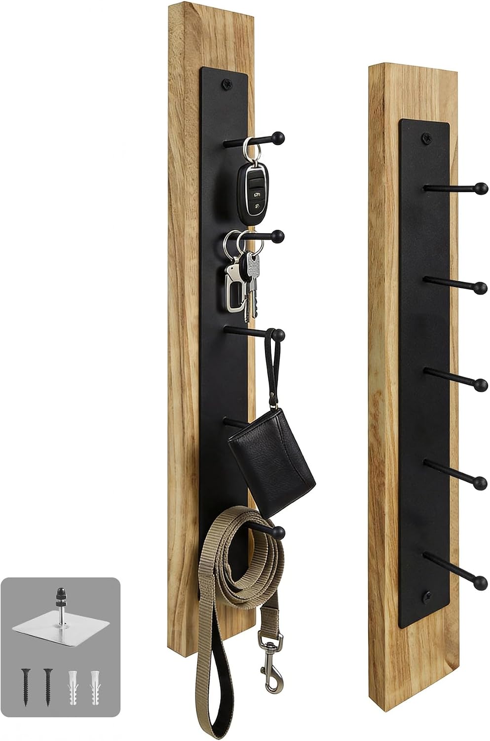 Wooden Wall-Mount Key and Hat Hooks, 2 Pack, No Drill, Black