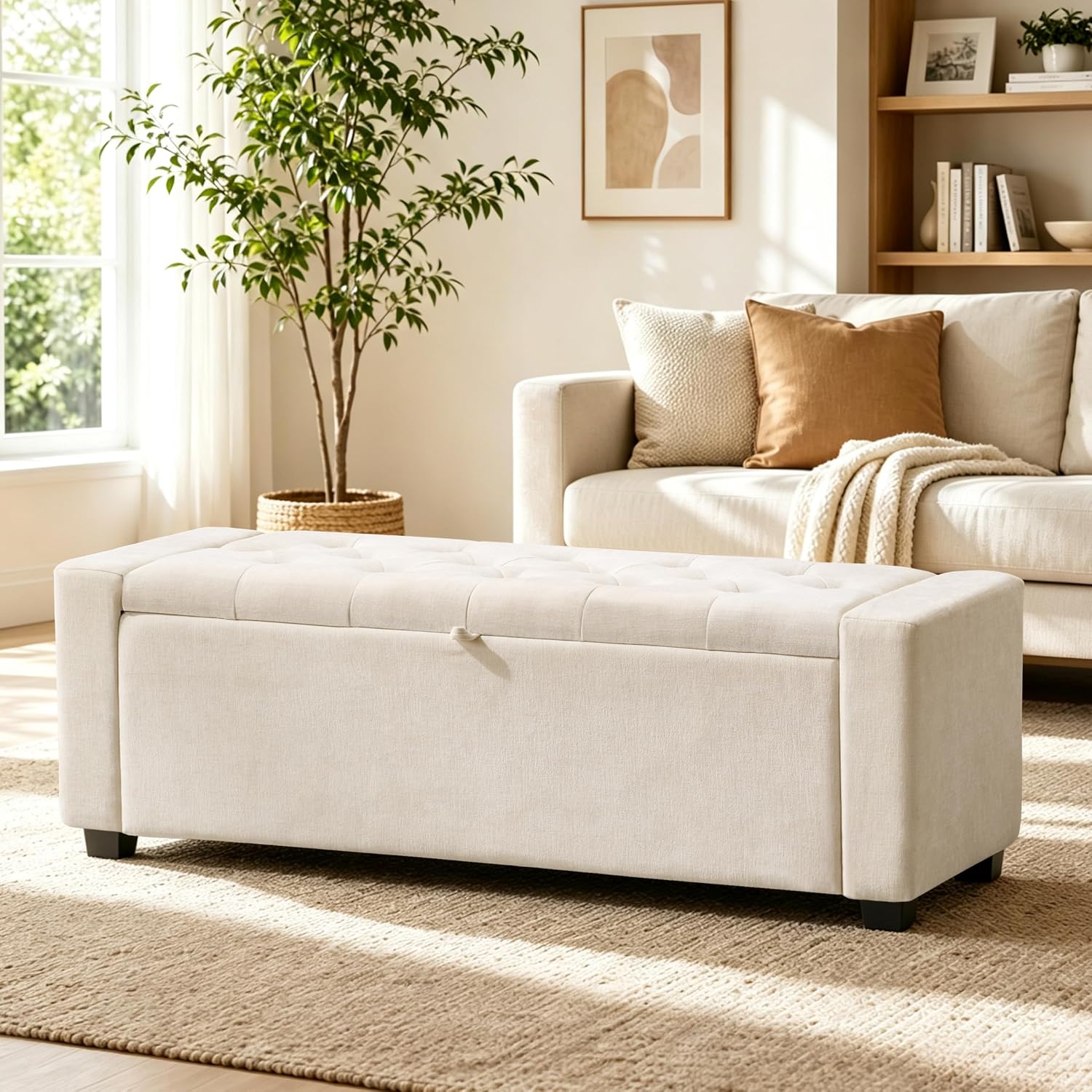 48 Inch Tufted Linen Storage Ottoman Bench, Beige