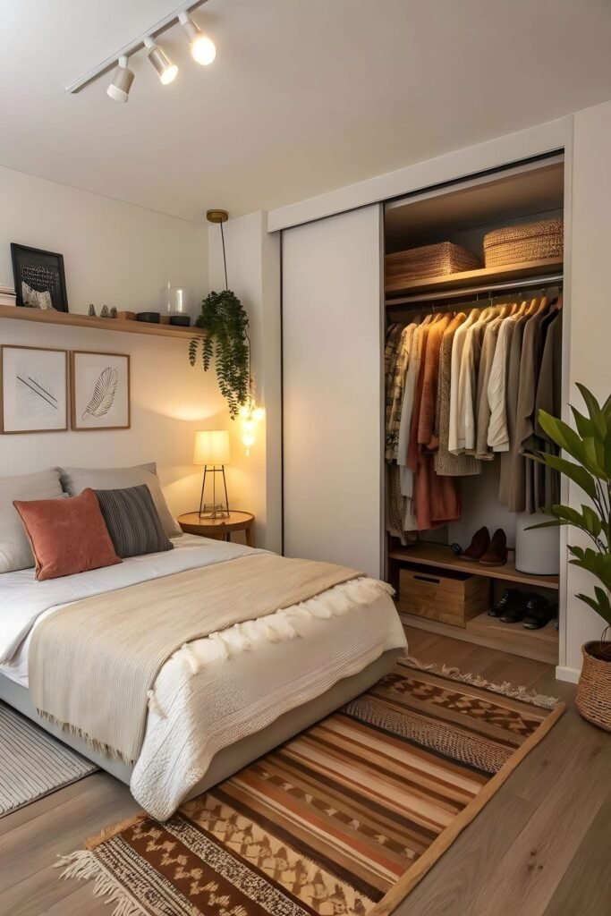 Reorganized closet with a second hanging rod and slim hangers maximizing space
