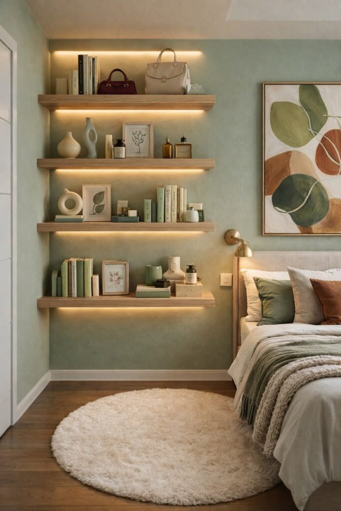 Floating shelves mounted above a bed for vertical storage in a small bedroom