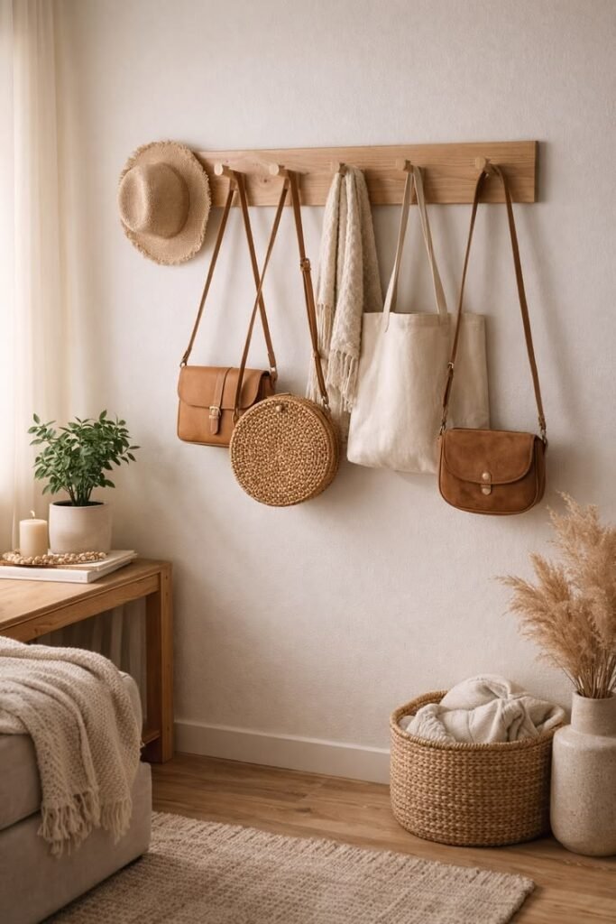 Hooks installed near a bed holding bags and jackets in a small bedroom