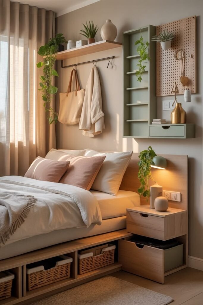 Small bedroom demonstrating smart vertical storage and hidden organization
