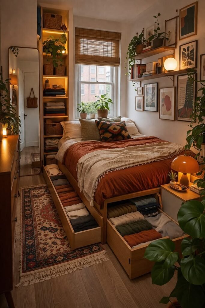 Labeled bins used to rotate seasonal items in and out of a small bedroom