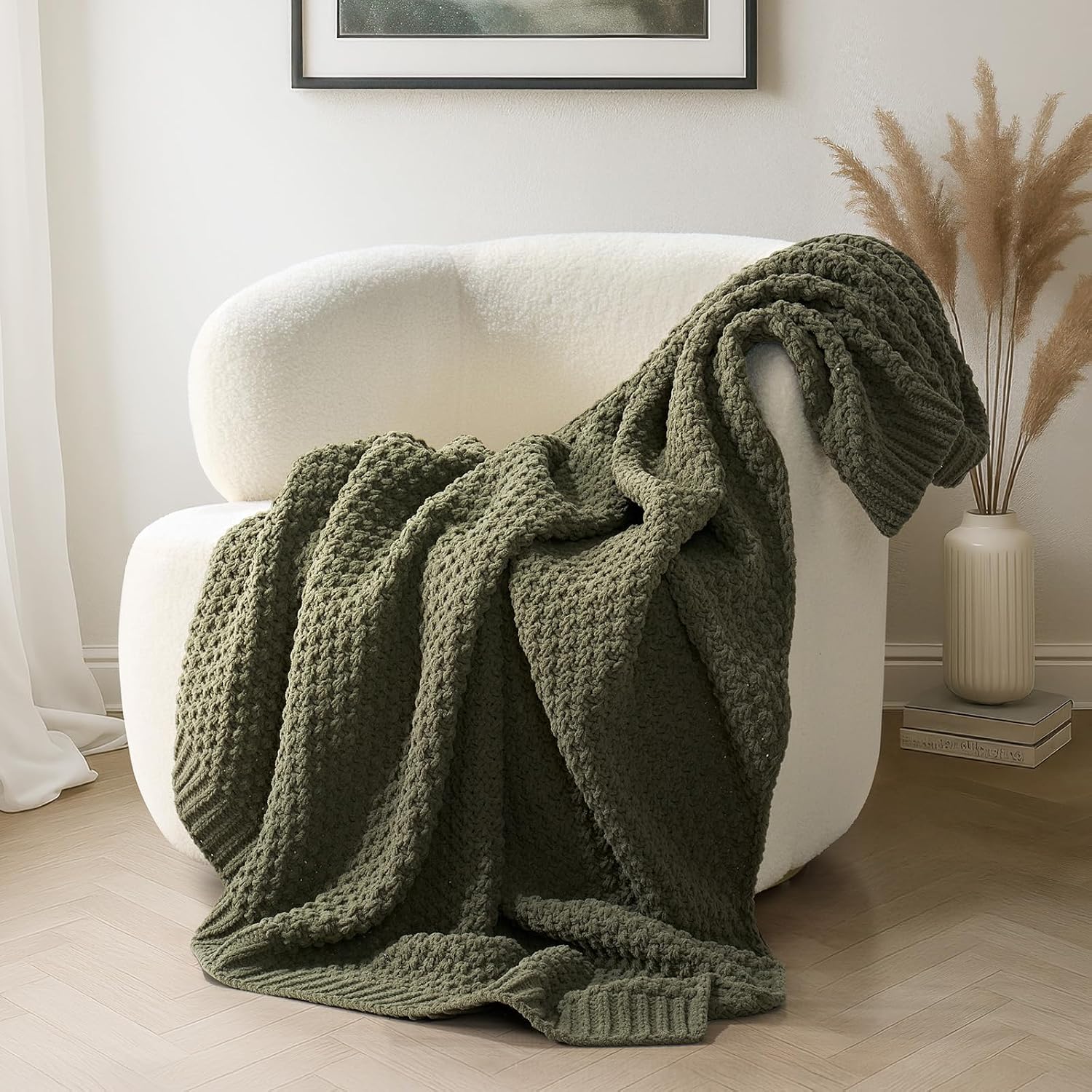 EVERGRACEHOME Chunky Chenille Knit Throw Blanket, 50 x 60 Inch, Olive Green