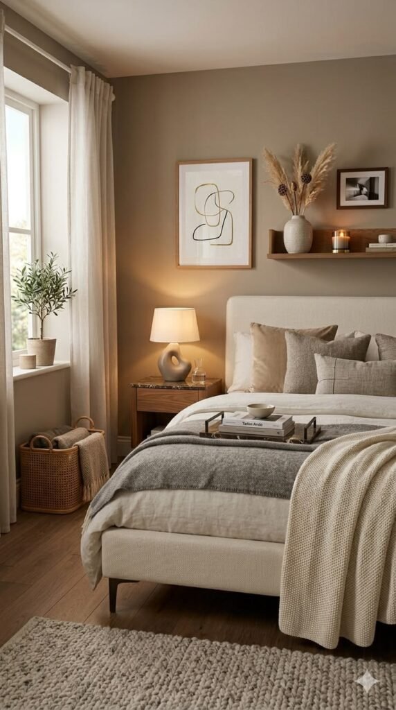 Small bedroom with taupe walls, a floating shelf with framed art and dried pampas grass, warm lamp lighting and a woven basket
