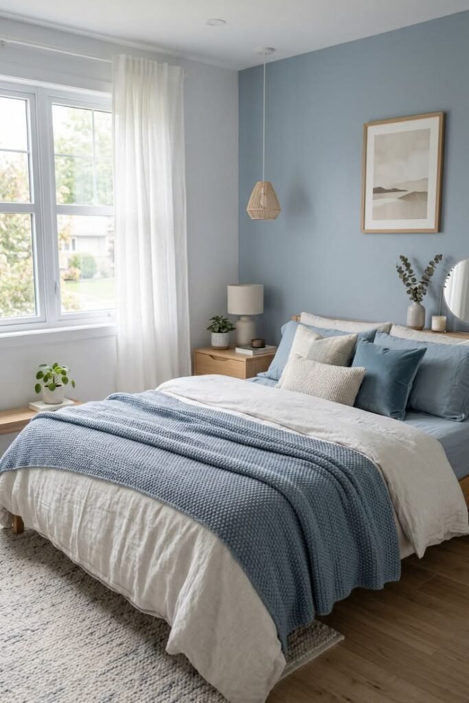 Small bedroom with soft powder blue walls, a woven pendant light, layered blue and white bedding and a round mirror above the headboard