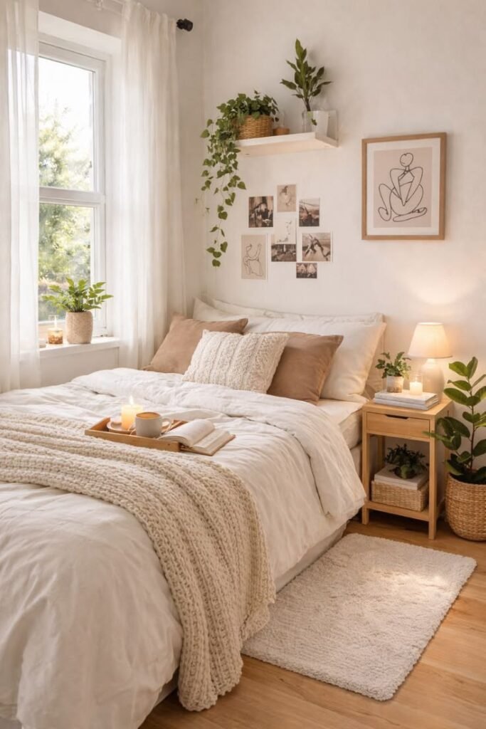 Small bedroom with warm white walls, hanging plants, a gallery of small framed prints, woven baskets and layered neutral bedding with a knit throw