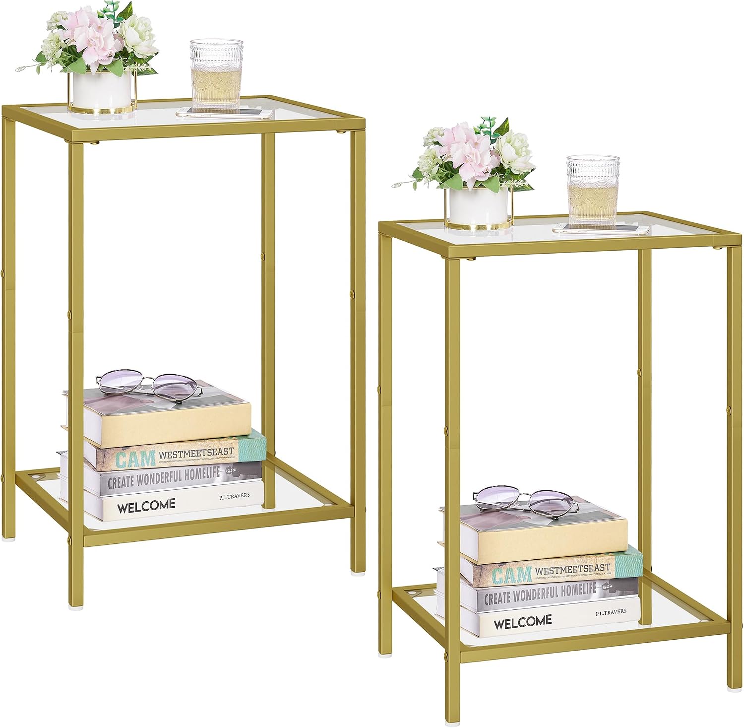 HOMSHO Slim Glass End Tables, Set of 2, Gold Frame