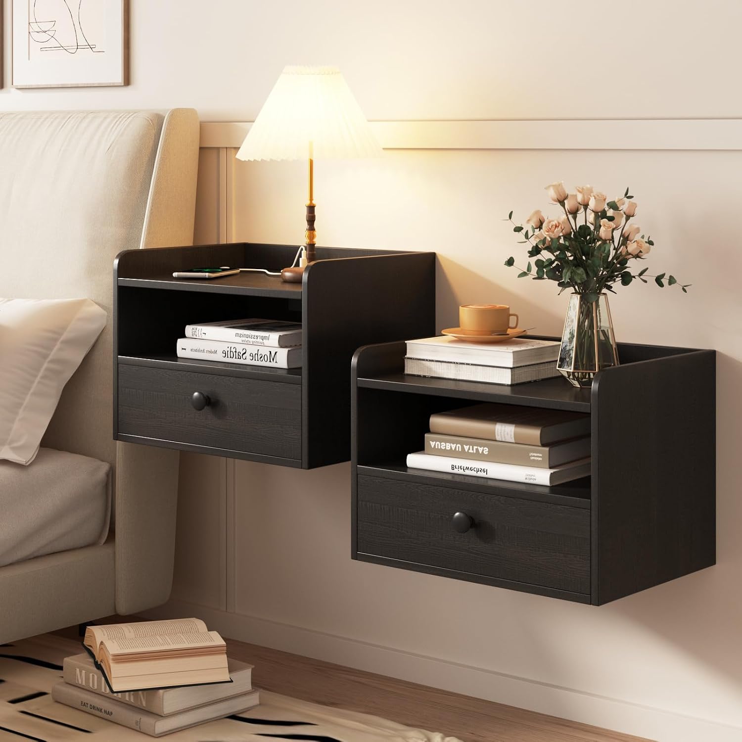 Modern Floating Nightstand Set of 2 with Drawer and Open Shelf