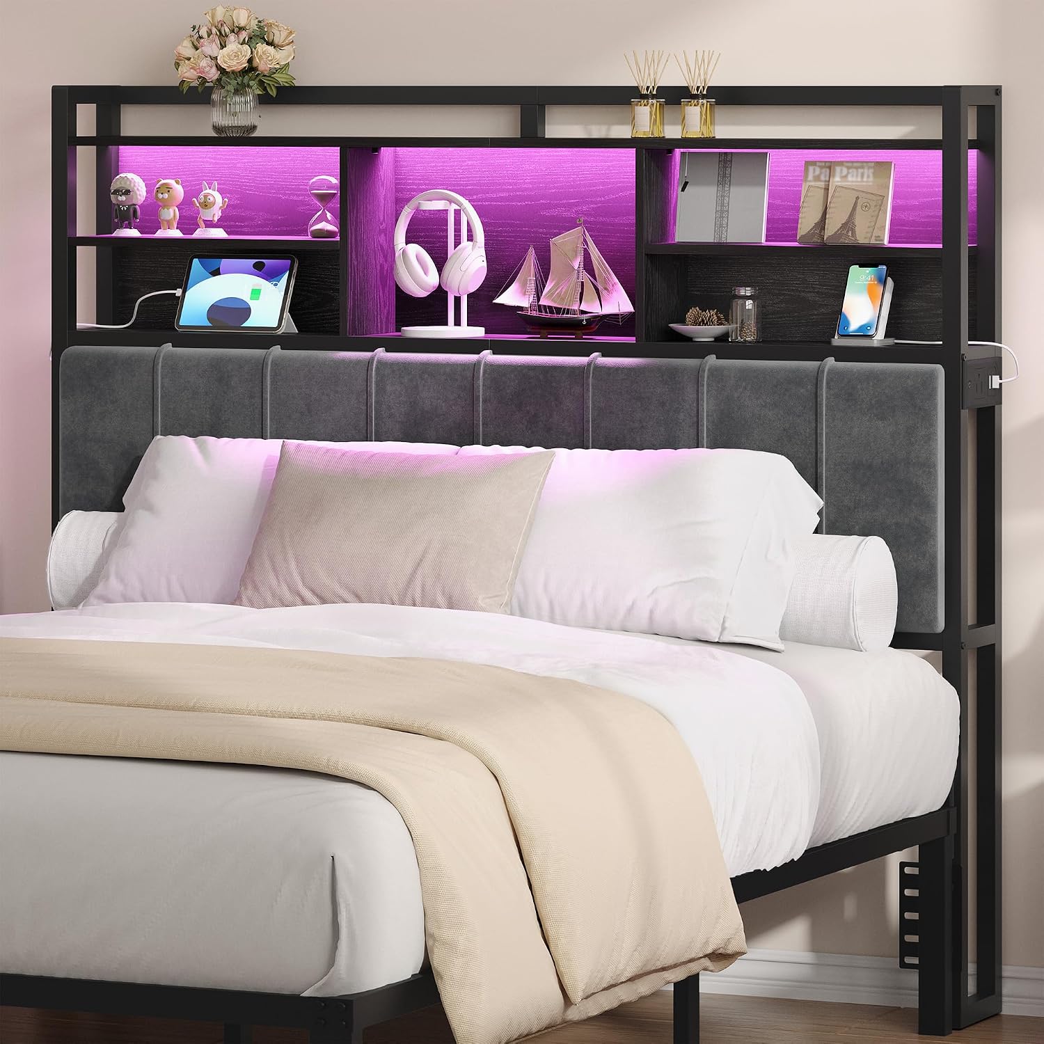 Hzuaneri Queen Headboard with 3-Tier Storage Shelves