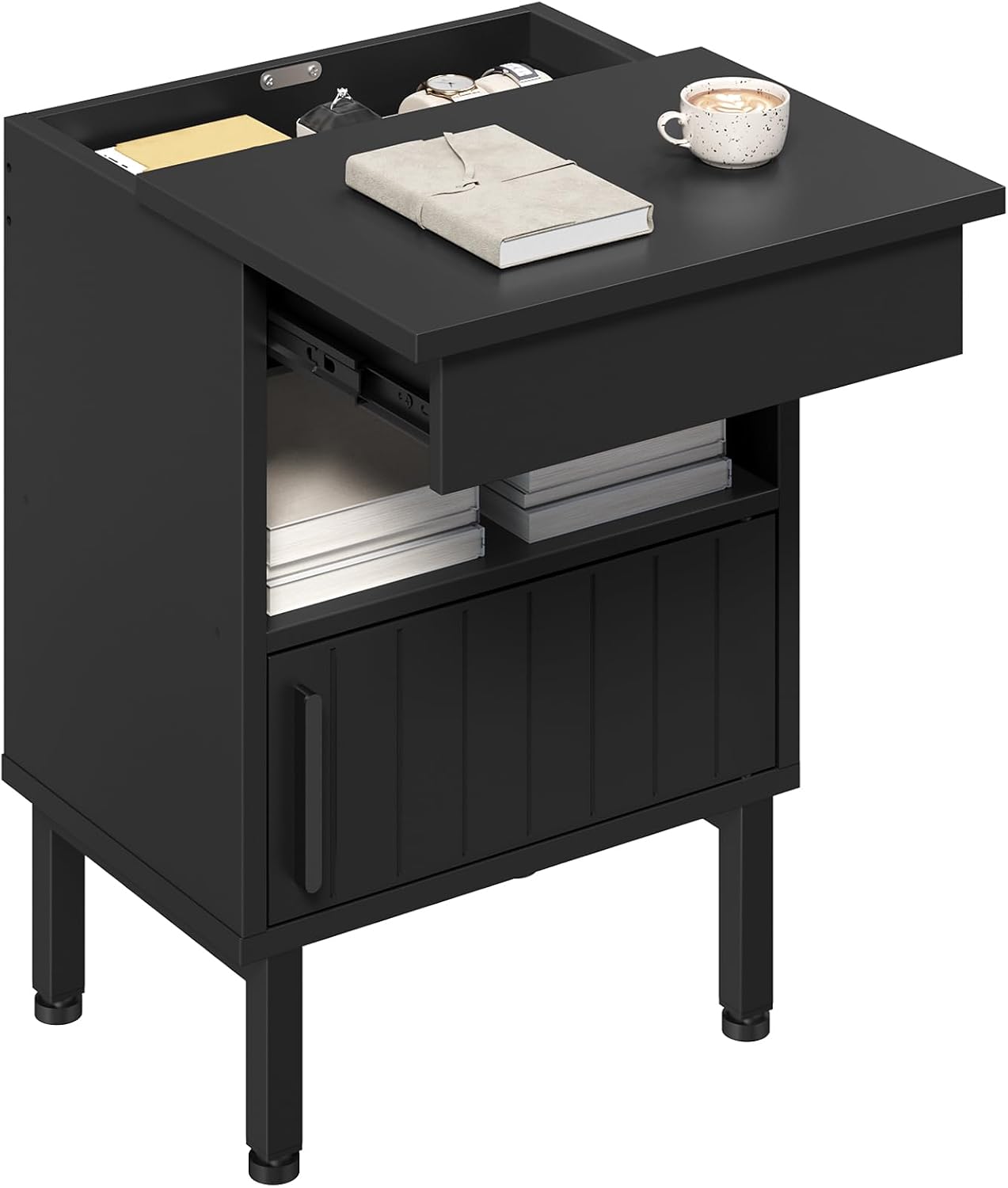 YATINEY Black Nightstand with Hidden Compartment and Drawer