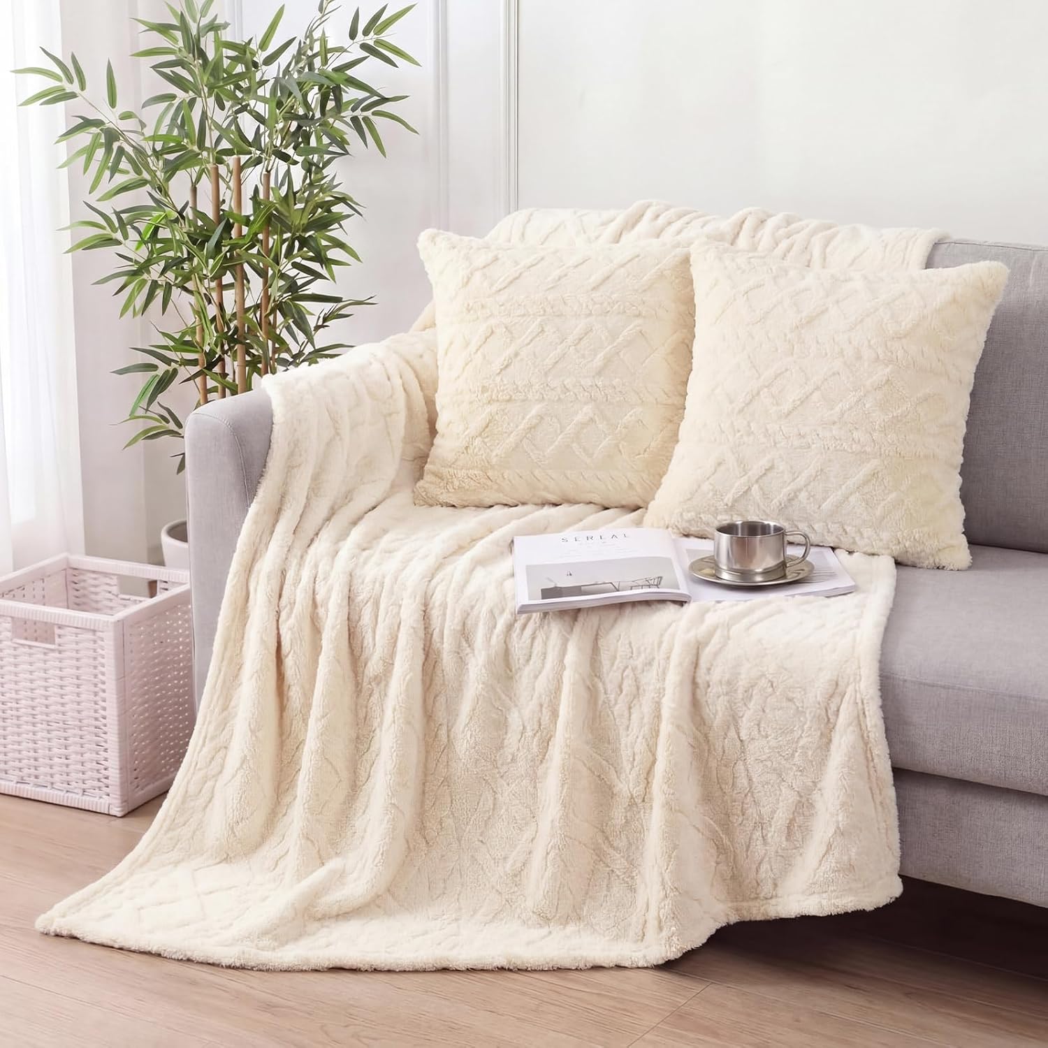 3 Piece Boho Knit Throw Blanket and Pillow Cover Set, Textured Diamond Pattern
