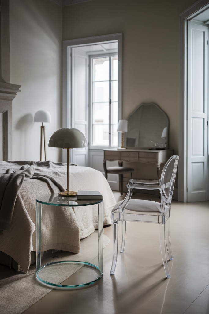 Stunningly minimalist modern bedroom with acrylic and glass furniture
